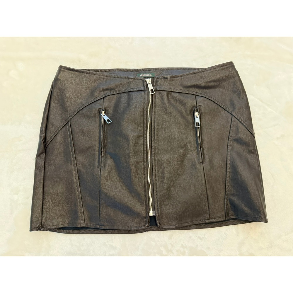 Wild Fable Brown Faux Leather Moto Mini Skirt Full Zip Pockets Size Medium